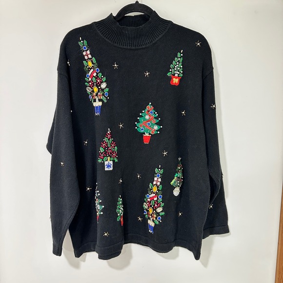 Victoria Jones Sweaters - Victoria Jones Christmas Tree‎ Sweater Womens 2X Black Beaded | Kitschy Holiday